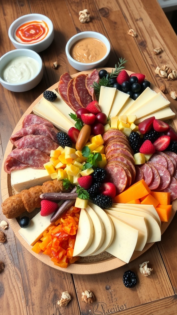 A beautifully arranged appetizer platter with cheeses, meats, fruits, and vegetables on a wooden table.